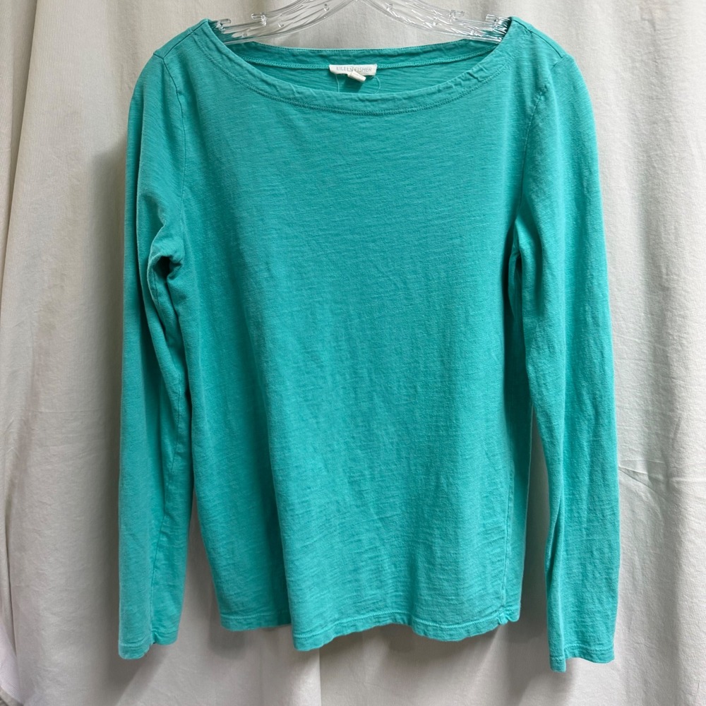 Eileen Fisher Organic Cotton Slub Boat Neck Long Sleeve Tee Teal Green XS